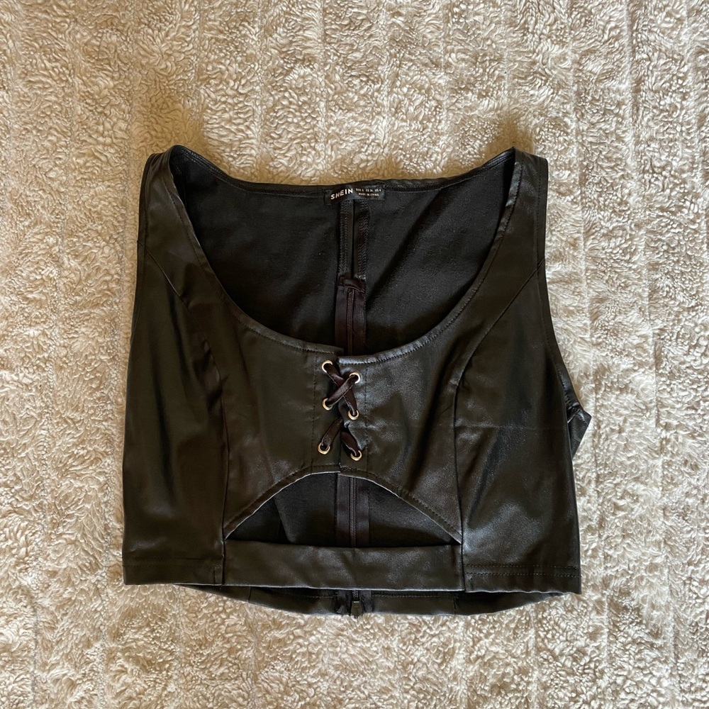 Black Faux Leather Lace-Up Crop Top